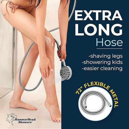 HammerHead Showers® Solid Metal LOW FLOW Handheld Shower Head with Hose and Brass Holder - CHROME – Water Saving 1.75 GPM Detachable Shower Head - Adjustable Shower Wand Bracket & 6ft Hose