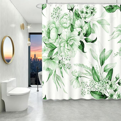 Floral Flower Green Shower Curtain with 12 Hooks,120GSM 72x72 | CHIC BATH DECOR: Features watercolor abstract design; waterproof green shower curtain set with 12 plastic hooks