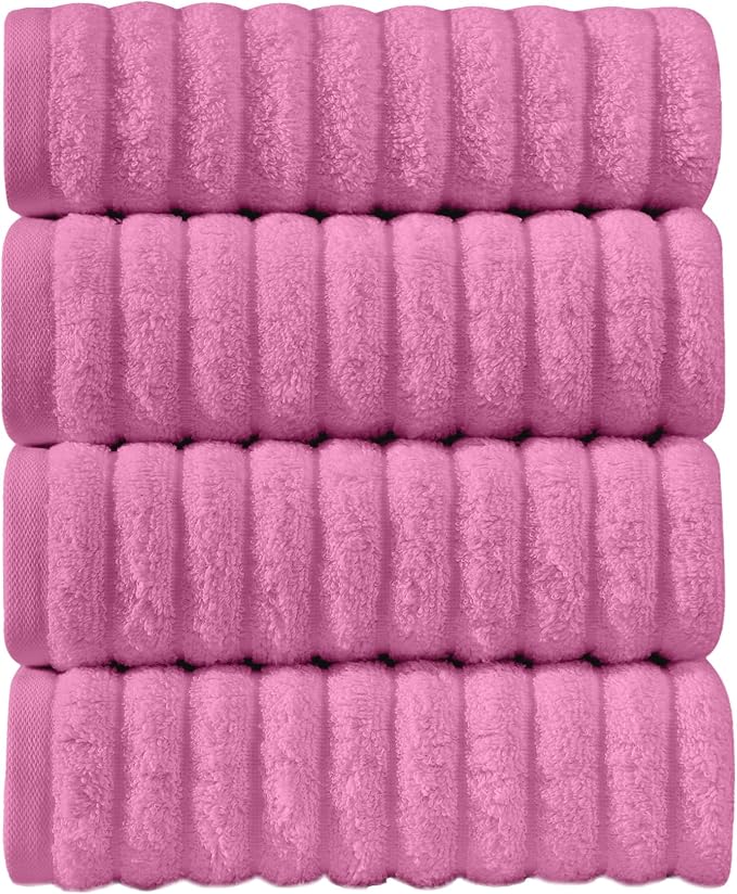 Elegant Comfort Luxury 100% Turkish Cotton Corduroy Ribbed 4 Pack Hand Towel Set 16 x 28 Inch - Absorbent, Super Soft, Quick Dry, Premium Towels for Bathroom, Gym, Spa and Hotel Use, Light Pink