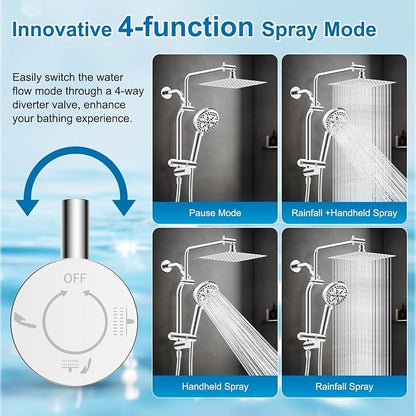 Metal 10" Rain Showerhead with 10-Spray Filter Handheld, 4-way Diverter | Chrome Finish, NSF/ANSI/CAN 372 Certified, High Pressure Shower Head with Pause Mode, 71" Stainless Steel Hose/12" Shower Arm