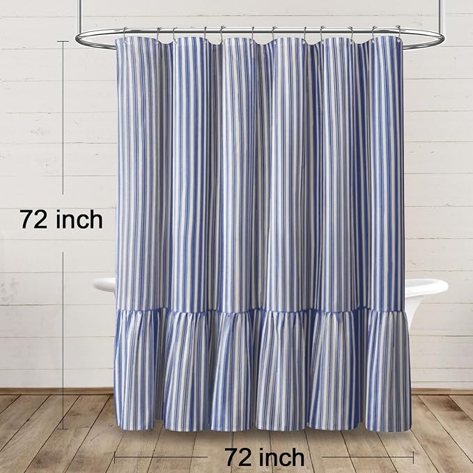 Farmhouse Shower Curtain Ruffle Linen White-Blue Stripe 72"W x 72"L | Farmhouse Boho, Striped, Bottom Ruffle, Cotton Fabric, Rustic, Country, Natural Look, Washable, for Bathroom Bathtub