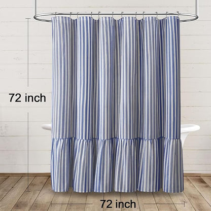 Farmhouse Shower Curtain Ruffle Linen White-Blue Stripe 72"W x 72"L | Farmhouse Boho, Striped, Bottom Ruffle, Cotton Fabric, Rustic, Country, Natural Look, Washable, for Bathroom Bathtub