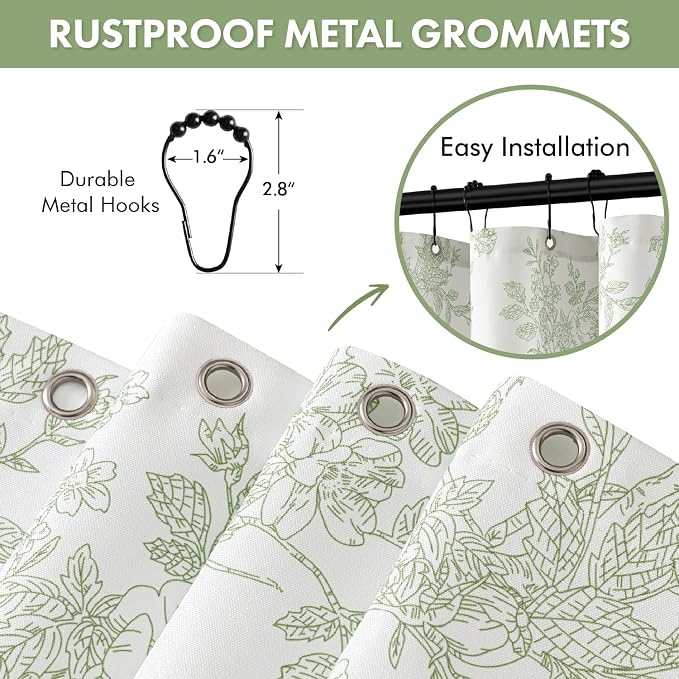 Spring Extra Long Sage Green Floral Shower Curtain W72*L96 Inches | Linen Textured Fabric, 12 Rustproof Metal Hooks, Wrinkle Resistant Cloth, Machine Washable, Bathroom Decor for Cottage Core