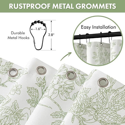 Spring Sage Green Floral Shower Curtain W72*L78 Inches Long | Linen Textured Fabric, 12 Rustproof Metal Hooks, Wrinkle Resistant Cloth, Machine Washable, Bathroom Decor for Cottage Core