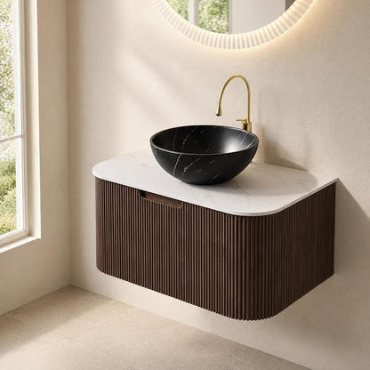 30 Inch Bathroom Vanity with Sink, Floating Wall Mounted Single Sink Vanity, Dark Walnut Curved Fluted Front, Stone Top, Black Marble Vessel Basin, Pre-Assembled
