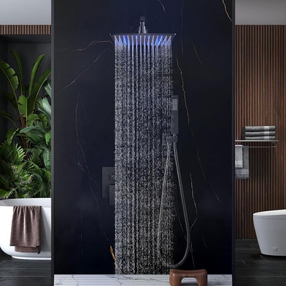 Aolemi Shower Faucet Set with Valve Handheld 12" LED Head Matte Black | Handheld Spray,12 Inch Rain LED Head,Valve and Trim Kit,All Metal,Wall Mount Shower System,Bathroom Mixer