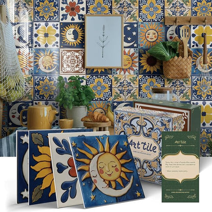 6X6 in Tile Decals Stick on Backsplash for Kitchen Wall,24Pcs | 1.6mm-Thick FOAM+PE Tile Stickers,Sun/Moon Pattern Mexican Tiles for Bathroom,Cabinets,RVs
