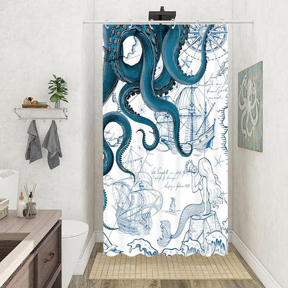 Fungarth Stall Blue Nautical Octopus Shower Curtain Navy Mermaid Funny Ocean Kraken Shower Curtains for Bathroom Cool Anchor Coastal Map Waterproof Fabric Bath Curtain Decor (Blue, 36” x 72”)