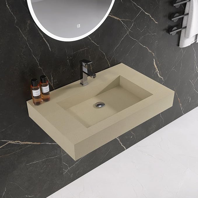 30" x 19" Bathroom Sink with Solid Surface, Wall Mount Bathroom Sink with Single Faucet Hole, Rectangle Stone Resin Vessel Sinks for Indoor Outdoors,Floating Wall Hang Sink Bowl, Beige