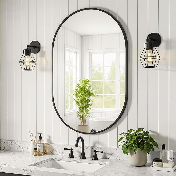 Black Oval Bathroom Mirror for Wall, 24"x36" Bathroom Vanity Mirror | HD Shatterproof Glass, Metal Framed, Oval Vanity Mirrors for Bathroom, Bedroom, Living Room, Entryway, Horizontal or Vertical