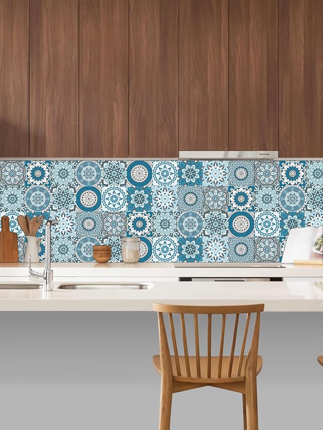 Peel Stick Vinyl Moroccan wall Tile Decals 6x6in Stick on backsplash,24Pc | Waterproof&heat resistant tile stickers for kitchen RV laundry backsplash decor,remove no damaging,cyan mandala pattern
