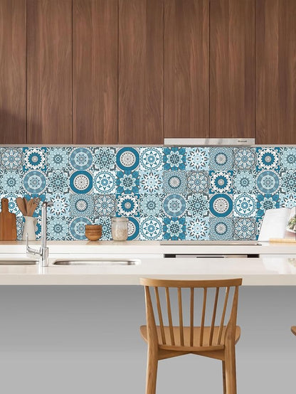 Peel Stick Vinyl Moroccan wall Tile Decals 6x6in Stick on backsplash,24Pc | Waterproof&heat resistant tile stickers for kitchen RV laundry backsplash decor,remove no damaging,cyan mandala pattern