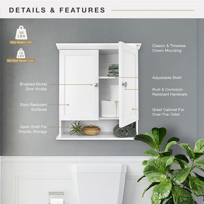 MCS 23x26 White Medicine Cabinet Organizer, Wall Mounted Bathroom Cabinet for Over-The-Toilet Storage, Bathroom Furniture & Restroom Organizer