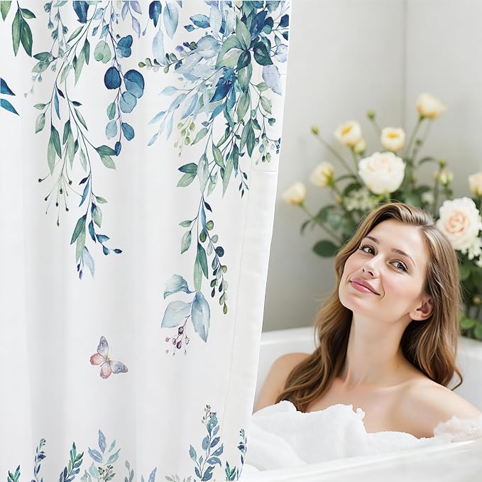 120GSM Shower Curtain Blue Eucalyptus Shower Curtains for Bathroom, Waterproof Leaf Shower Curtain Sets,Leaves Fabric Cloth Bathroom Curtains 72x72 inch with Hooks