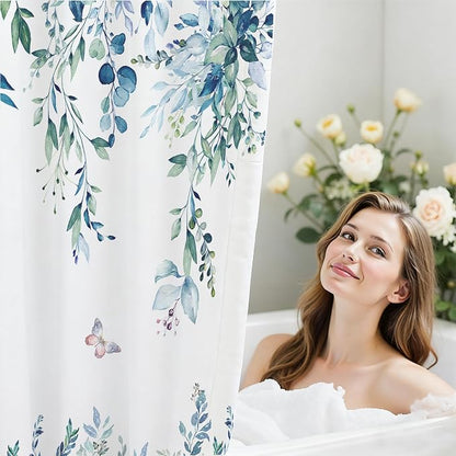 120GSM Shower Curtain Blue Eucalyptus Shower Curtains for Bathroom, Waterproof Leaf Shower Curtain Sets,Leaves Fabric Cloth Bathroom Curtains 72x72 inch with Hooks