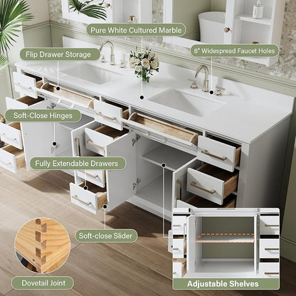 84-Inch Bathroom Vanity with Double Sinks W/ 4 Doors & 12 Drawers & 2 Flip Drawers, White Vanity W/Brushed Nickel Handles
