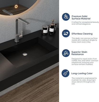 SJ Star&Jane 48" x 19" Solid Surface Bathroom Sink, Wall-Mount or Countertop Vessel Sink, Rectangle Floating Vanity Sink in Matte Black, Durable Modern Design