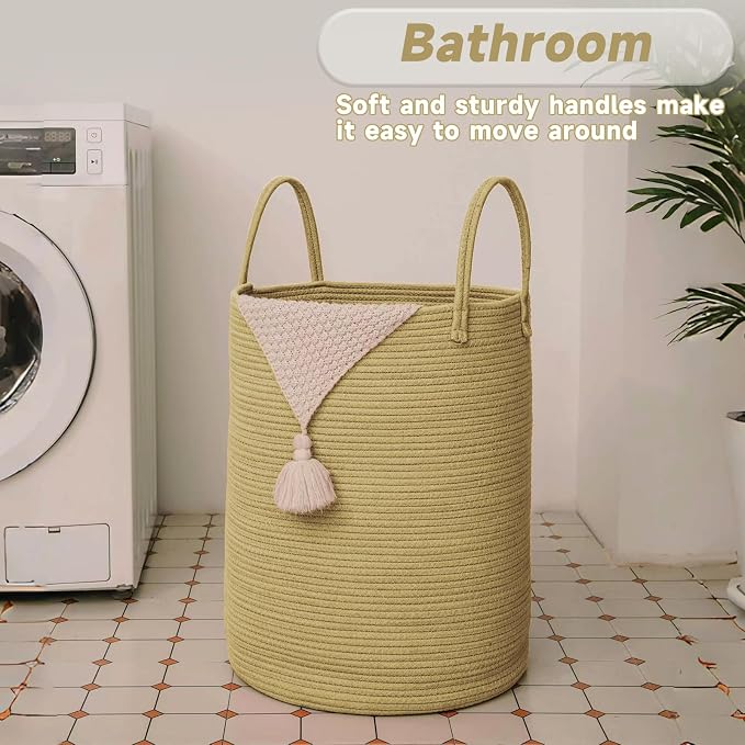 JMvicyroam 60L Cotton Rope Laundry Basket Hamper, Jute | Collapsible laundry basket, reinforced handles, freestanding, machine washable, holds 3-5 thick blankets, clothes or toys