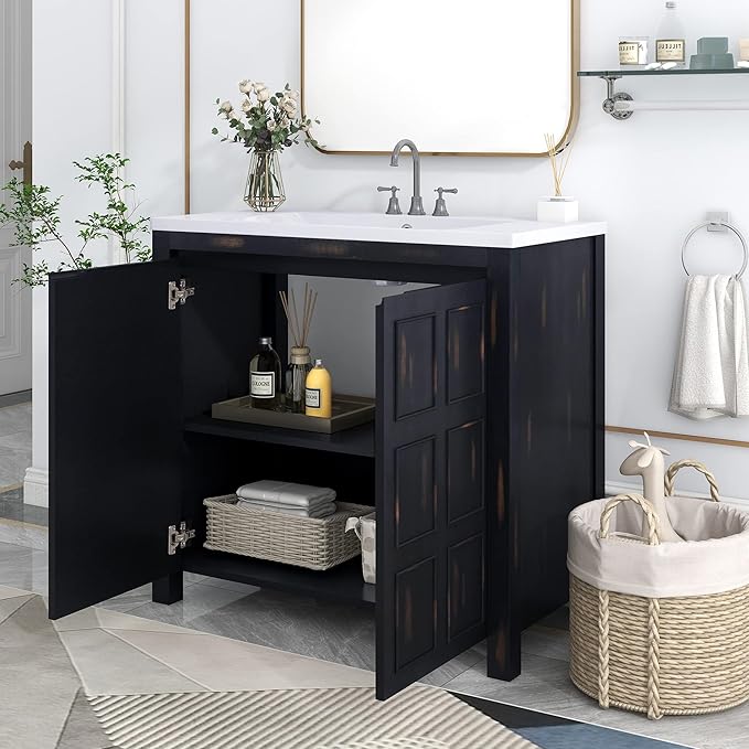 Favfurish 36" Bathroom Vanity w/Sinks,Free Standing Singe Basin Vanity Set w/Adjustable Shelf & Soft Close Doors,Solid Wood Frame Storage Cabinet for Bathroom,Retro Espresso