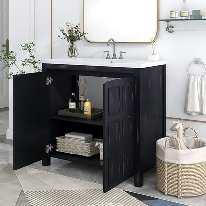 Favfurish 36" Bathroom Vanity w/Sinks,Free Standing Singe Basin Vanity Set w/Adjustable Shelf & Soft Close Doors,Solid Wood Frame Storage Cabinet for Bathroom,Retro Espresso