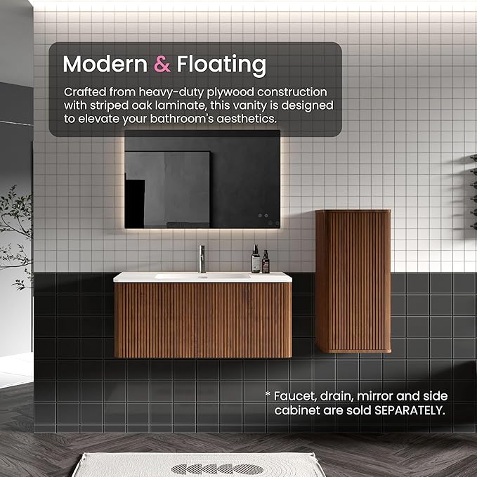 36" Bathroom Vanity with Sink, Modern Floating Vanity with Push Open Soft Close Drawer, Large Storage for Bathroom, Hotel, Walnut, Fully Assembled - Camellia Collection
