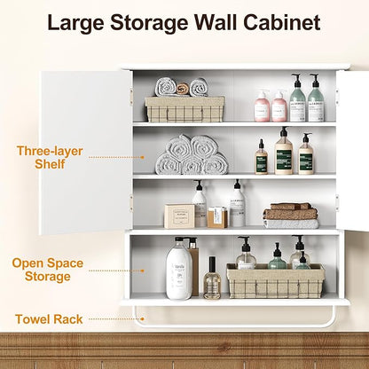 RoyalCraft Bathroom Wall Cabinet with Mirror, Over the Toilet Storage Cabinet with Towel Rack and Adjustable Shelf, Large Bathroom Medicine Cabinet Wall Mount 22x25 inch (White)