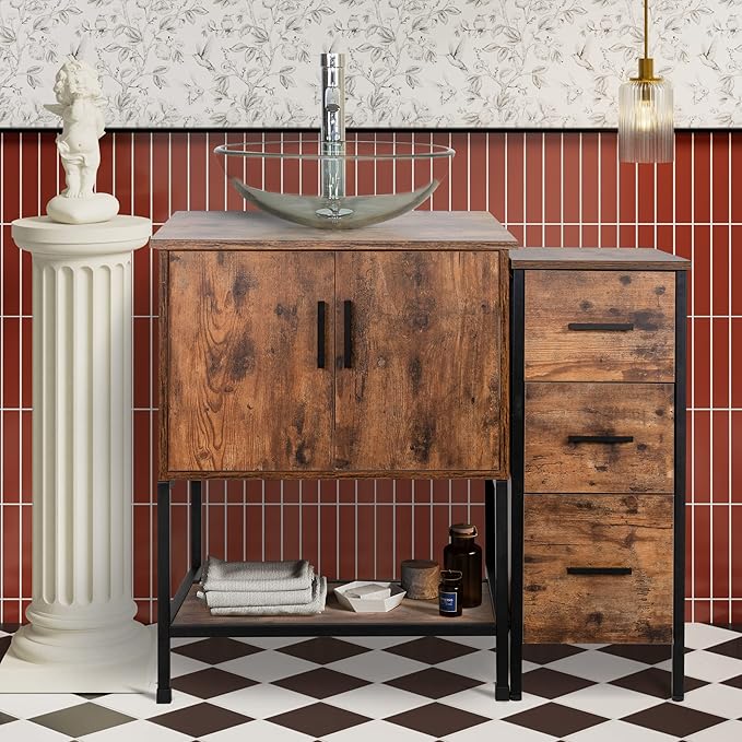 UEV 36" Antique Bathroom Vanity, Dark Brown Bathroom Vanity Set with Sink and 3 Drawers Side Cabinet Combo, Iron Wood Bathroom Cabinet with Adjustable Water Temperature Faucet (A16)