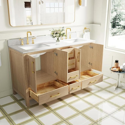 60-Inch Bathroom Vanity with Sink, Bathroom Freestanding Vanity W/ 4 Doors and 6 Drawers, Solid Wood Cabinet Vanity with Cultured Marble Countertop, Oak Vanity & Brushed Gold Handles