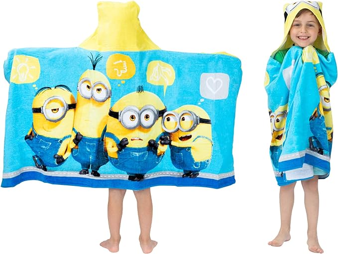 Despicable Me Minions Bath/Pool/Beach Soft Cotton Terry Hooded Towel Wrap, 24" x 50", By Franco Kids