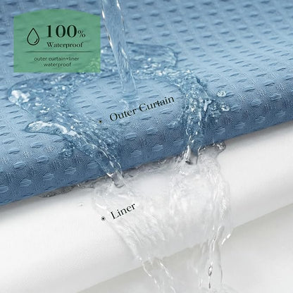 Moonlight Blue Hook Free Waffle Shower Curtain & Snap Liner,72x75 | Less Time to install, 3 in 1 Fabric Shower Curtain and Liner Set with Magnets, Mesh Top Window, Shower Curtains for Bathroom