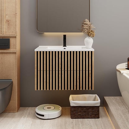 eclife 30" Floating Bathroom Vanity with Sink Combo, Modern Wall Mounted Cabinet with 2 Fluted Drawers, Undermount Sink, Faucet, Drain, Mixed Natural