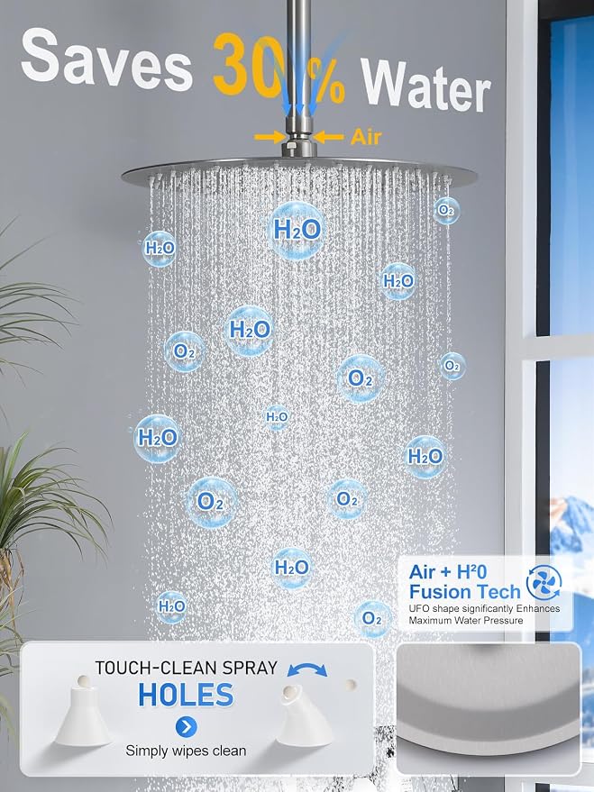 Woindo Shower Faucet Set with Slide Bar, 12" Rain Shower Head/8'' Side Shower Head and 10 Setting Handheld Ceiling Mount 3 Push Button Diverter Complete Rainfall Shower System Included Valve Trim Kit