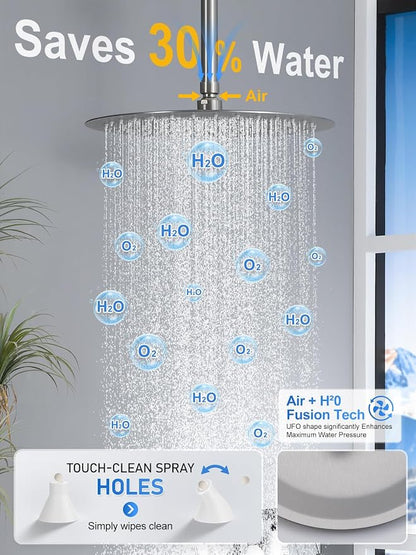 Woindo Shower Faucet Set with Slide Bar, 12" Rain Shower Head/8'' Side Shower Head and 10 Setting Handheld Ceiling Mount 3 Push Button Diverter Complete Rainfall Shower System Included Valve Trim Kit