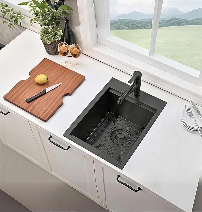 VAPSINT 15x20 Inch Black Drop In Bar Sink Workstation, 15x20x9 Inch Topmount T304 Stainless Steel Small Kitchen Bar Sink, Handmade Gunmetal Single Bowl for Wet Prep RV Outdoor with Accessories