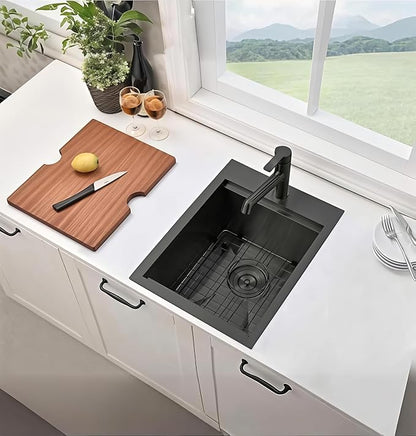 VAPSINT 15x20 Inch Black Drop In Bar Sink Workstation, 15x20x9 Inch Topmount T304 Stainless Steel Small Kitchen Bar Sink, Handmade Gunmetal Single Bowl for Wet Prep RV Outdoor with Accessories
