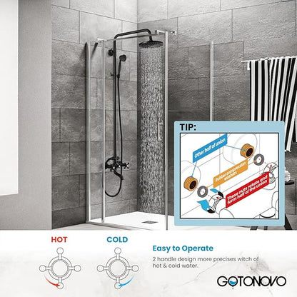 gotonovo Exposed Bathroom Shower Faucet Wall Mounted Shower System 8 Inch Shower Head and Tub Spout Double Cross Handles Adjustable Handheld Sprayer Straight Pipe Matte Black