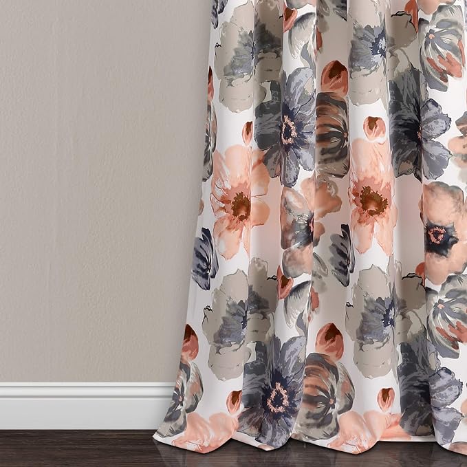 Lush Decor Leah Light Filtering Window Curtain Panels, Pair, 52" W x 84" L, Coral & Gray - Floral Drapes for Bedroom - Coral Curtains - Farmhouse Decor