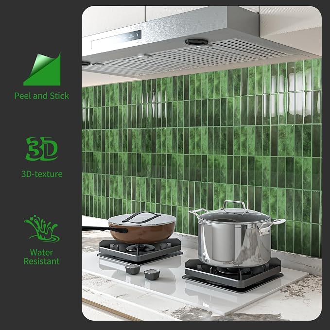 LONGKING 10-Sheet Green Peel and Stick Backsplash Tiles for Kitchen Wall, Kitchen Backsplash Wall Tile, Waterproof Back Splash Stick on Tiles for Bathroom | Peel and stick backsplash, self-adhesive wall tile, Green, waterproof, kitchen bathroom wall, 1...