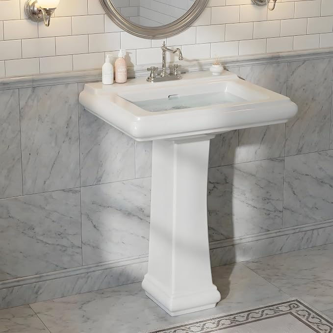 26 X 20 Inch Bathroom Pedestal Sink, Rectangular Ceramic Pedestal Bathroom Sink,White Porcelain Vanity with 3 Faucet Holes (4" Centers) & Overflow