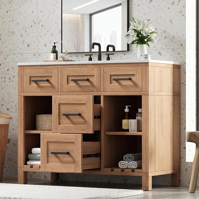 36" Mid-Century Bathroom Vanity with SMC Sink (Natural Wood Style2, 36") | Ample Storage Space with 2 Drawers, Adjustable Shelves & Open Breathable Hollow Shelf, Smooth Drawer Slides