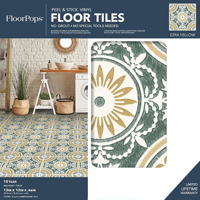FloorPops 12-in by 12-in Yellow Ezra Vinyl Peel & Stick Floor Tiles (10 Tiles), (10 sq.ft./Carton) (Pack of 6)