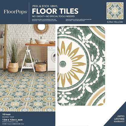 FloorPops 12-in by 12-in Yellow Ezra Vinyl Peel & Stick Floor Tiles (10 Tiles), (10 sq.ft./Carton) (Pack of 6)