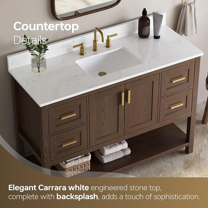 48 Inch Bathroom Vanity with Sink, Farmhouse Storage Cabinet with Drawers & Open Storage Shelf, Fully-Assembled, Soft-Closing Drawers and Adjustable Feet, Walnut