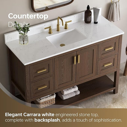 48 Inch Bathroom Vanity with Sink, Farmhouse Storage Cabinet with Drawers & Open Storage Shelf, Fully-Assembled, Soft-Closing Drawers and Adjustable Feet, Walnut
