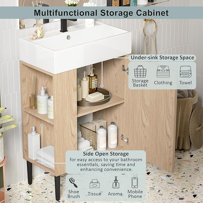 21.6 in Small Bathroom Vanity with Sink,Doors and Storage Shelves,Wood Modern Single Fluted Bathroom Sink Cabinet Freestanding (Natural Wood,Left Shelf)