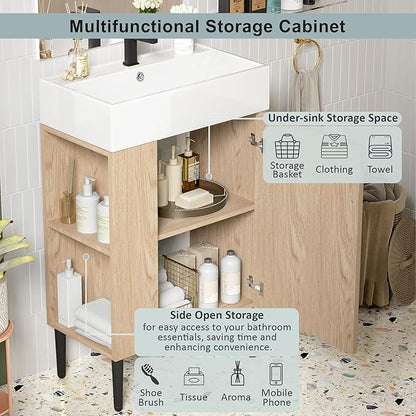 21.6 in Small Bathroom Vanity with Sink,Doors and Storage Shelves,Wood Modern Single Fluted Bathroom Sink Cabinet Freestanding (Natural Wood,Left Shelf)