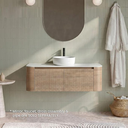 48" Preassembled Floating Bathroom Vanity with Round Sink, Oak | Mid-Century Modern Style, Fluted & Soft-Close Drawer with U-shaped Wall, Sinterted Stone Countertop, Towel Rack Included
