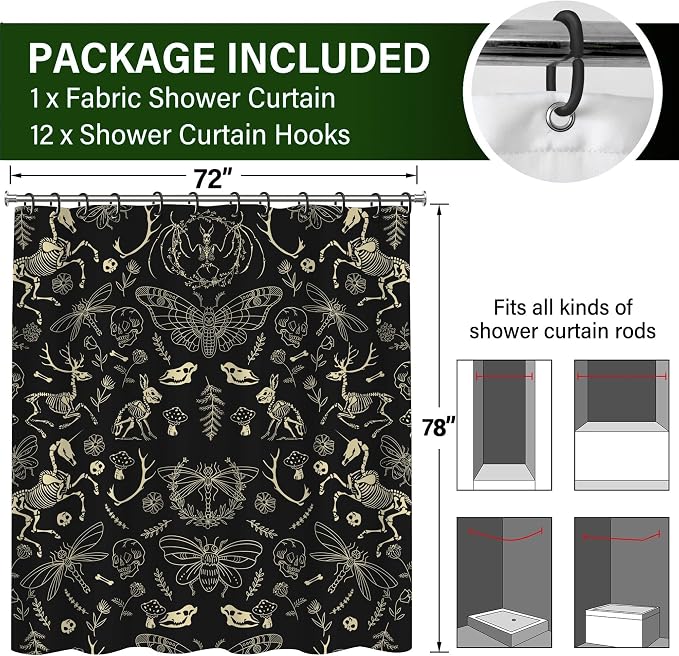 Black Gothic Witchy Skeleton Creature Shower Curtain Set 72x78 Inches | Black Gothic Witchy Skeleton Creature Print, Spooky Dark Folk Housewarming Gothic Lover Guest Bathroom Decor, With Hooks
