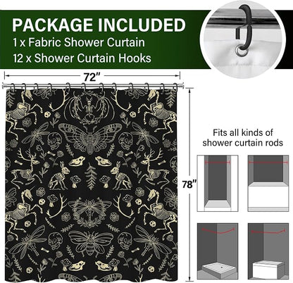 Black Gothic Witchy Skeleton Creature Shower Curtain Set 72x78 Inches | Black Gothic Witchy Skeleton Creature Print, Spooky Dark Folk Housewarming Gothic Lover Guest Bathroom Decor, With Hooks