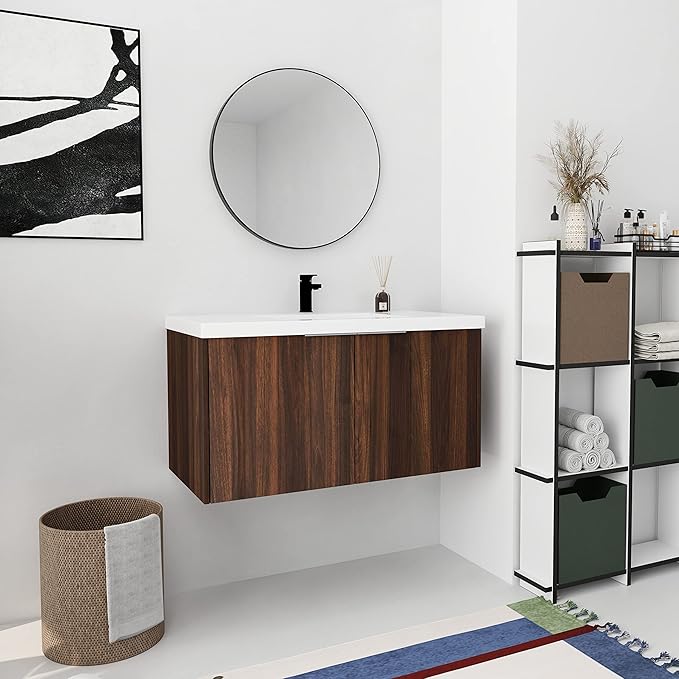 Bathroom Vanity with Sink 36 Inch, Single Sink Modern Bathroom Vanities Set, Wall-Mounted Bathroom Vanity, Floating Soft Close Door